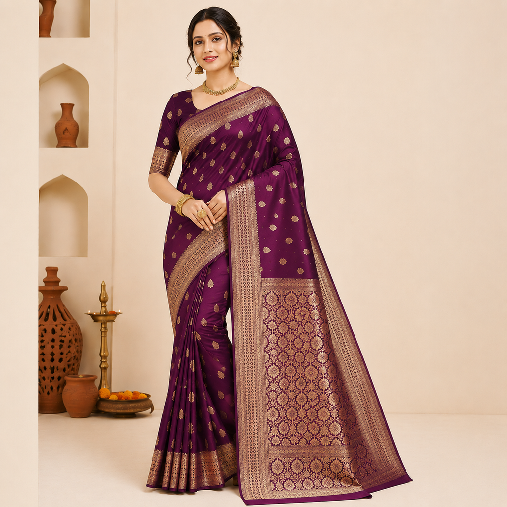 Royal Purple Soft Silk Floral Woven Saree